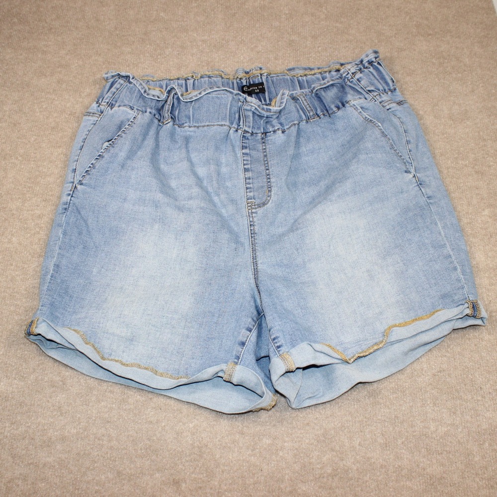 Fashion to Figure Plus Size 22 Paperbag Waist Denim Shorts Light Wash Rolled Hem